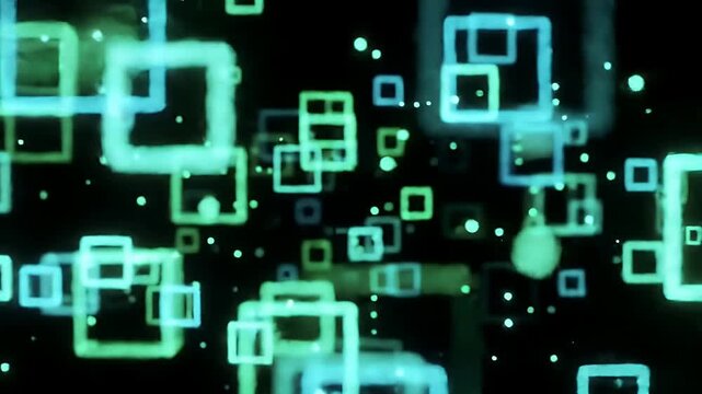 Abstract glowing squares and particles in neon green and cyan against a dark background.