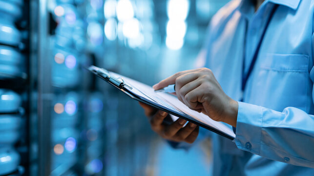 Faceless quality inspector checking temperature logs in a cold storage facility, food safety and cold chain compliance concept, defocused cold storage in background, cold chain