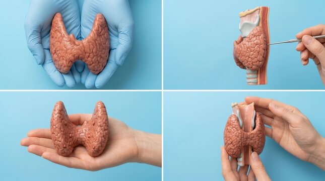 Collage of hands in gloves holding thyroid gland anatomical models, endocrine system research, healthcare diagnostic