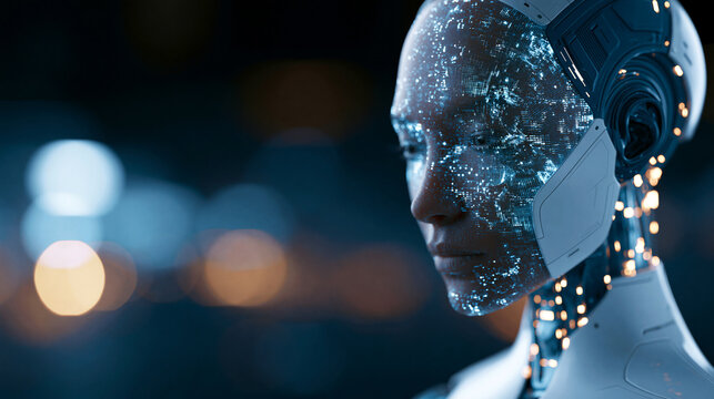 Futuristic humanoid robot with a glowing digital face, representing advanced artificial intelligence and the future of human-robot interaction, defocused dark background, humanoid