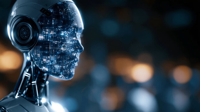 Futuristic humanoid robot with a glowing digital face, representing advanced artificial intelligence and the future of human-robot interaction, defocused dark background, humanoid