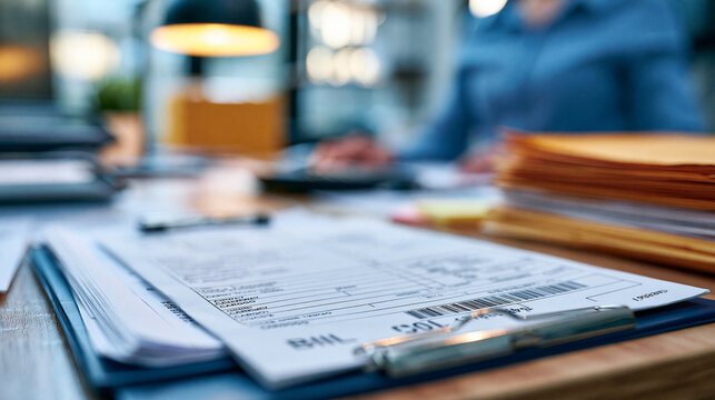 Close-up of airway bill and cargo documentation on a desk at an air freight office, international shipping paperwork concept, defocused office in background, airway bill