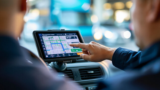 Faceless delivery driver operating a GPS navigation system on a mounted device in a delivery van, route planning and logistics technology, defocused van interior in background,