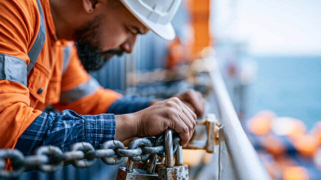 Faceless longshoreman securing cargo containers on a ship deck with chains and locks, maritime freight safety concept, defocused deck and ocean in background, longshoreman cargo