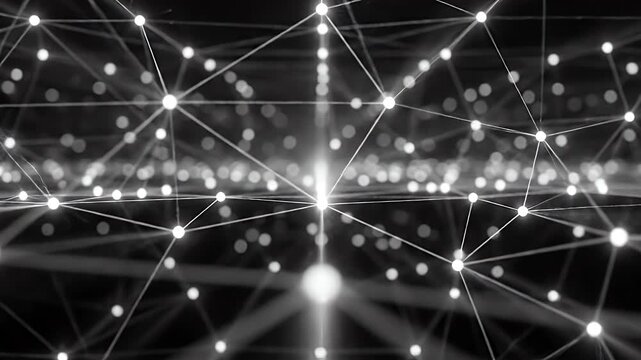 An abstract network of glowing nodes and lines in grayscale.