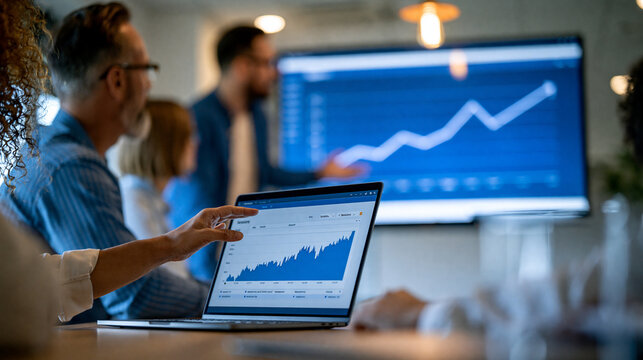 Faceless data analyst presenting web traffic growth insights to a marketing team, line graphs and session data visible on slides, defocused meeting room in background, web traffic