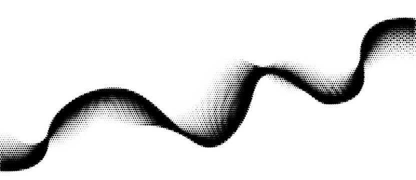 Monochrome halftone dotted illustration, abstract dynamic wave, ribbon pattern. Curved line with halftone effect, flud design. Vector minimalist background. Overlay template. Vector