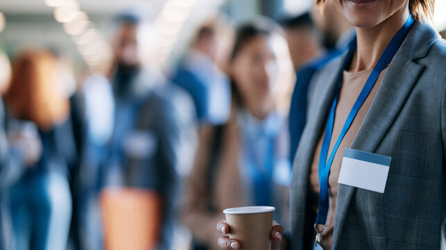 Faceless group of professionals mingling at a business conference break, name tags visible and lanyards around necks, defocused conference hall in background, business conference