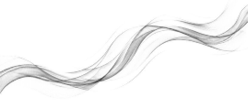 Monochrome halftone dotted illustration, abstract dynamic wave, ribbon pattern. Curved line with halftone effect, flud design. Vector minimalist background. Overlay template. Vector
