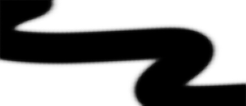 Monochrome halftone dotted illustration, abstract dynamic wave, ribbon pattern. Curved line with halftone effect, flud design. Vector minimalist background. Overlay template. Vector