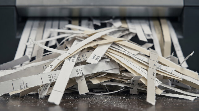 Close up of shredded financial documents and invoices in a pile below a paper shredder