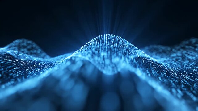 Abstract digital wave of glowing blue particles and binary code on a dark background.