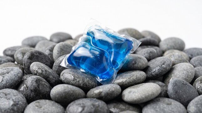 Blue laundry detergent pod resting on grey stones with pod rocks transparent cleanliness background household isolation housework freshness with cleaning