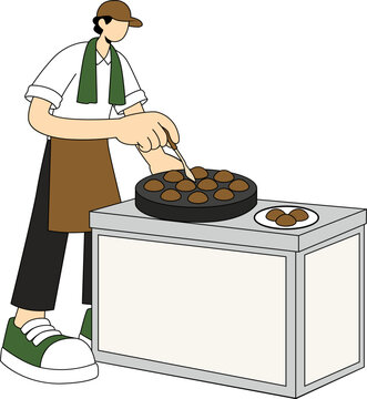 A vendor in a brown apron and cap skillfully prepares small, round food items on a specialized griddle, placing them on a plate
