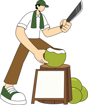 A man wearing a cap and green scarf is about to cut open a fresh green coconut with a large knife.