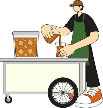 A vendor pouring iced coffee from a large container into a cup from a mobile cart. The vendor wears an apron and a cap, and the cart has wheels and a display area