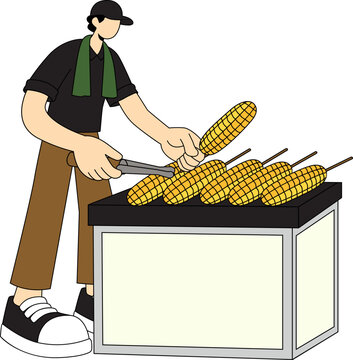 A vendor grills corn on a cart. The vendor, dressed in a black shirt, brown pants, and a black cap, uses tongs to turn the corn cobs on a grill.