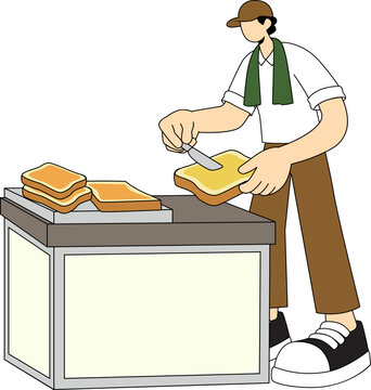 A vendor prepares toast by spreading butter on a slice of bread. The vendor is wearing a cap, a green scarf around his neck, and brown pants. There are three slices of toasted bread on a metal stand