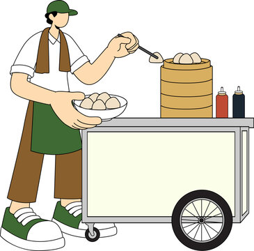 A vendor in an apron and cap serves steamed buns from a cart, with condiments on the side, illustrating a street food scene