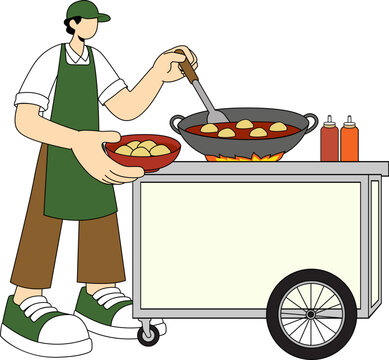 Street food vendor preparing food on a cart with a wok and condiments