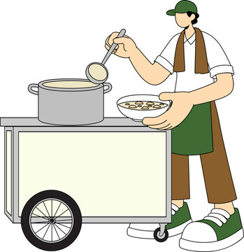 A vendor serves a bowl of soup from a cart, illustrating food service and a common urban sight