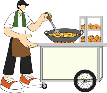 A street food vendor cooking delicious food on his cart in a bustling city