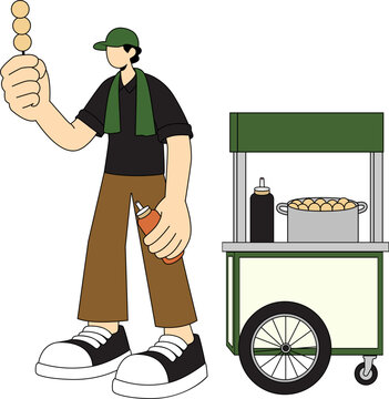 A vendor with a food cart holding a skewer of food and a bottle of sauce
