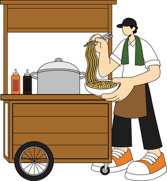 A street food vendor is serving noodles from a wooden cart. The vendor, wearing a cap and apron, is preparing a bowl of noodles with chopsticks.