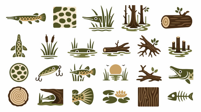 Flat Design Icons of Aquatic Life and Nature Elements.