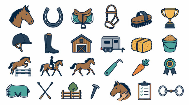 Colorful Equestrian Icons and Farm Equipment Set.