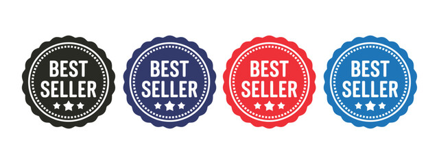 Obraz premium Best Seller Badge Icon Set Featuring Colorful Product Labels, Gold Stars, Ribbons, Premium Seals, Award Emblems, And Sale Stickers, Clean Minimalist Vector Graphics Isolated On White Background.