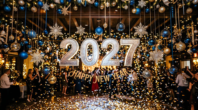 Grand 2027 new year celebration with confetti and festive decor, celebration
