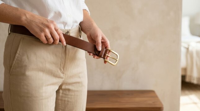 Close-up of hands fastening a brown full-grain leather belt with a brass buckle on beige chinos, highlighting minimalist wardrobe and routine.