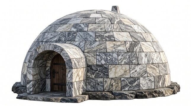 Three dimensional rendering of a marble igloo dome structure with wooden door on white background with model stone igloo architecture illustration