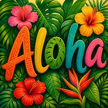 Colorful Aloha Text with Hawaiian Tropical Jungle Leaves 
