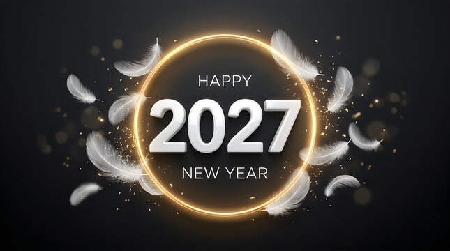 Minimalist 2027 happy new year greeting with soft white feathers, minimalist
