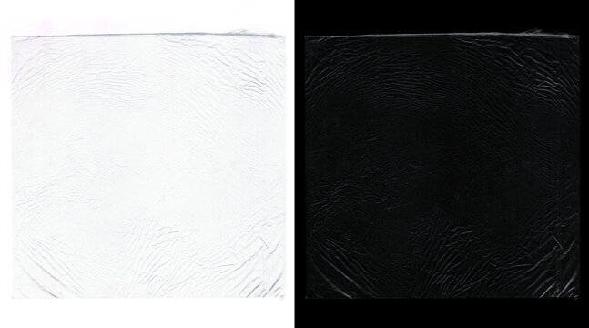 Transparent plastic wrap texture on black and white background, wrinkled cellophane overlay, clear polyethylene film material for packaging design