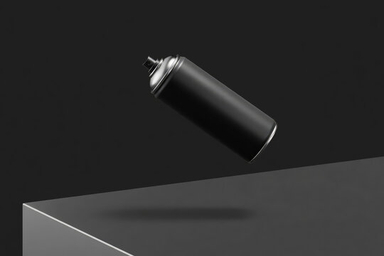 Floating matte black aerosol spray can mockup above concrete block with black background
