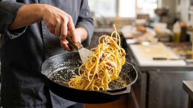 Chef tossing spaghetti carbonara in cast iron skillet with pancetta and creamy sauce in professional kitchen, dynamic food photography action