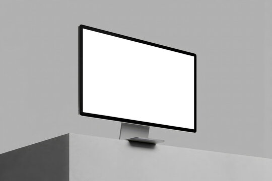 Low angle of modern computer monitor mockup with blank white screen on corner of concrete block