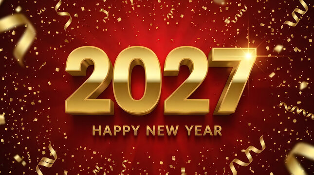 Elegant happy new year 2027 gold typography on deep red background with greeting