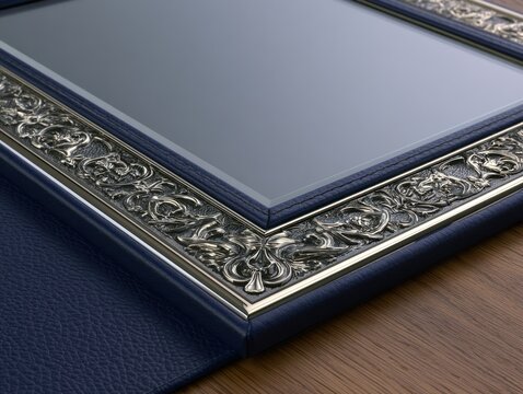 Navy leather presentation surface with gold border