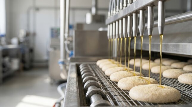 Automated food production: Liquid oil drizzling onto bread bases on a conveyor belt in a clean, modern factory setting.