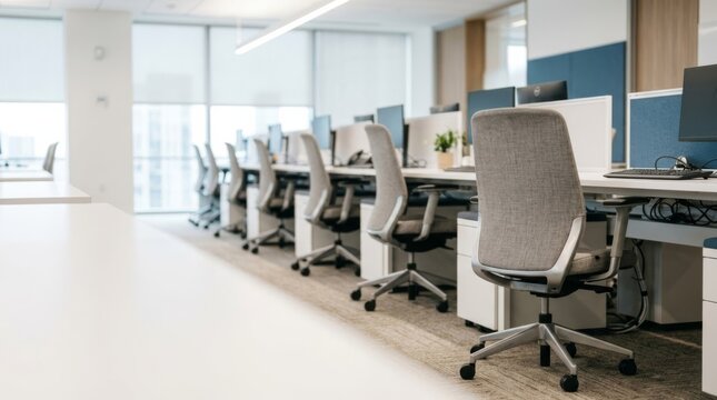 Empty modern office with rows of vacant desks and chairs, symbolizing layoffs and staff reduction