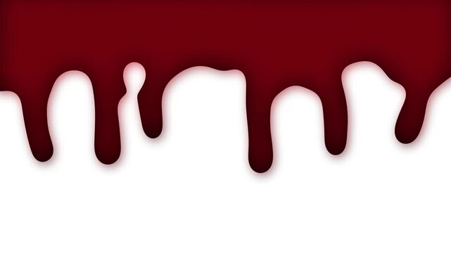 Thick dark red blood dripping on white background with shadow, horror Halloween overlay. Creepy crime scene, gothic vampire theme. Crimson fluid liquid paint running down bright white surface.