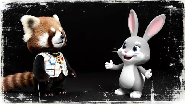 A stylized red panda in a vest and chain stands beside a cartoonish gray rabbit against a dark, textured background.