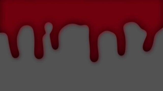 Thick dark red blood dripping on grey background with shadow, horror Halloween overlay. Creepy crime scene, gothic vampire theme. Crimson fluid liquid paint running down dark texture surface.