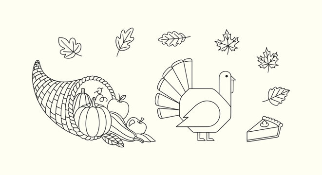 Thanksgiving Day Line Art Illustration with Turkey Cornucopia Pumpkin Pie and Autumn Fall Leaves