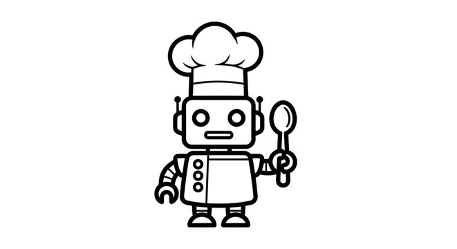 Adorable monochrome robot chef character with a toque and spoon, symbolizing innovation in food preparation, kitchen automation, and smart cooking technology.
