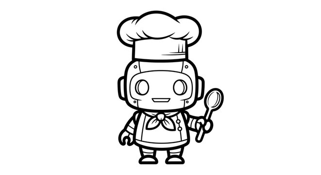 Cute cartoon robot chef with chef hat and spoon, isolated on white background, line art illustration